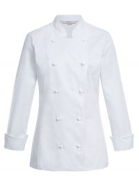 Figurbetonte Kochjacke Damen günstig in Weiß mit Stehkragen und Wiener Nähten – moderne Berufsbekleidung für die Küche